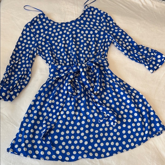 Zara Dresses & Skirts - Zara trf collection Blue and White Polka Dot  Dress with Waist Tie XS
